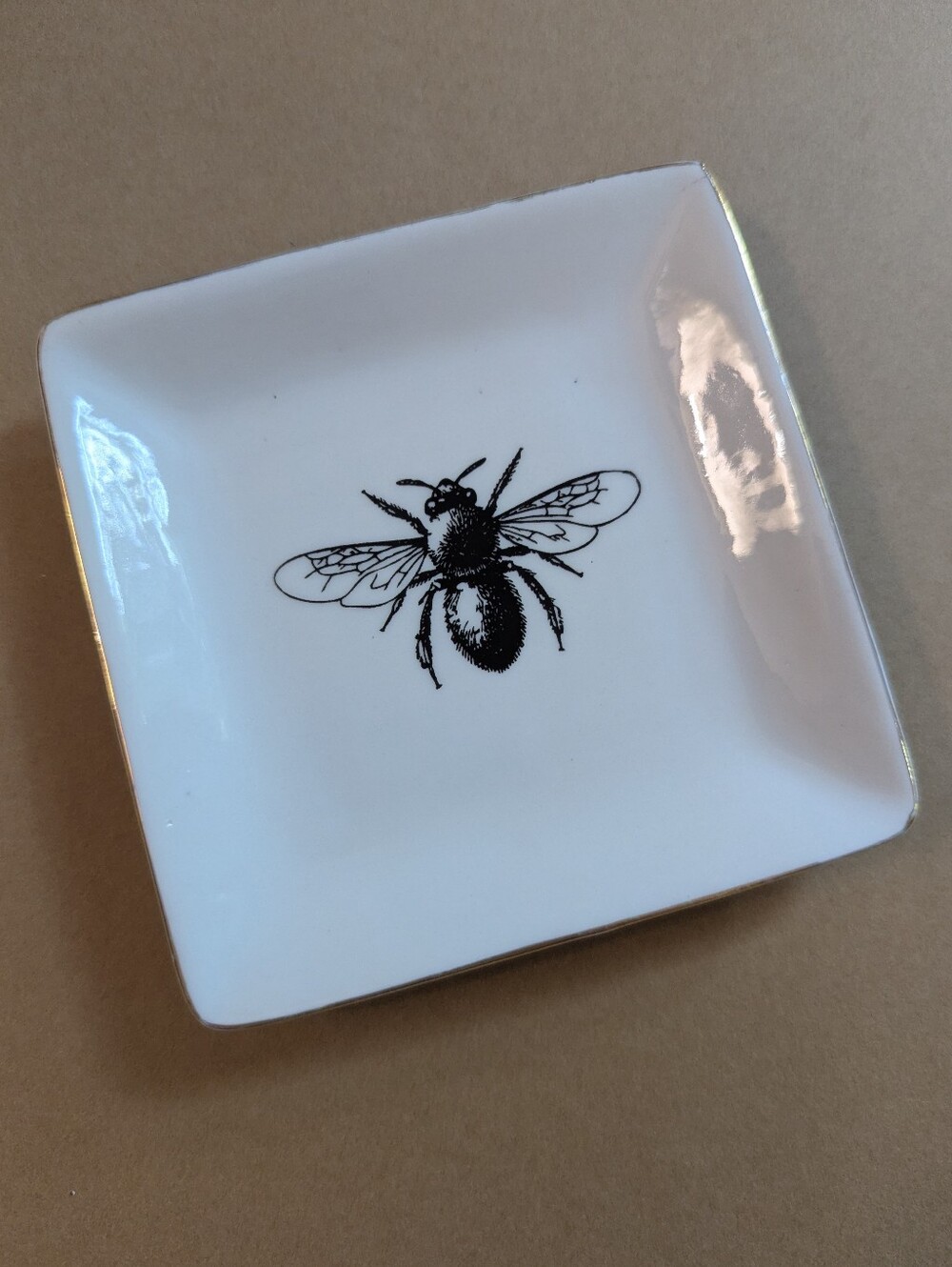 White Bee Ceramic Trinket Dish With Gold Edge
